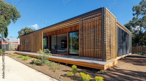 Modern wooden home with large windows and a deck.