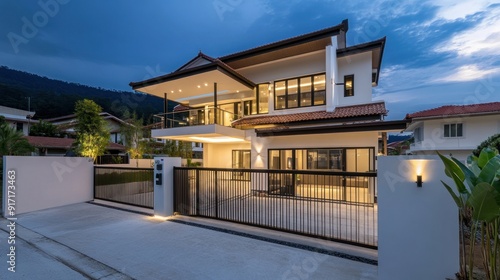 Modern white house with black metal gate and driveway in front, lit by warm light at dusk.