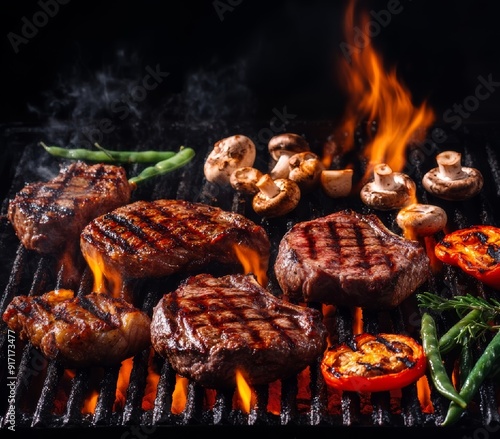 Grilled Steak on a Hot BBQ Grill