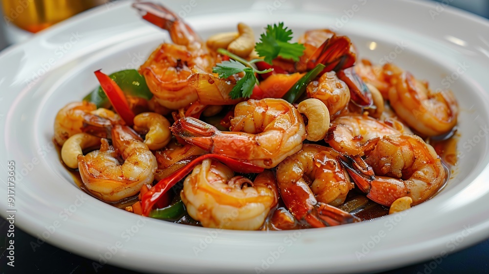 Stir fried crispy shrimp with cashew nuts and sweet pepper in white plate Stir fried crispy shrimp with cashew nuts and sweet pepper in white plate