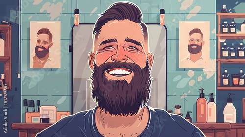 illustration for a banner with a smiling bearded man celebrating World Beard Day at a barbershop photo