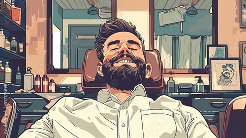 A vivid illustration of a banner with a smiling bearded man celebrating World Beard Day in a barbershop photo