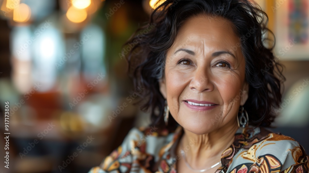 Older woman smiles warmly in a cozy café Older woman smiles warmly in a cozy café