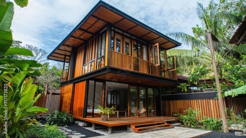 Modern wooden house with large windows and a balcony in a tropical garden.