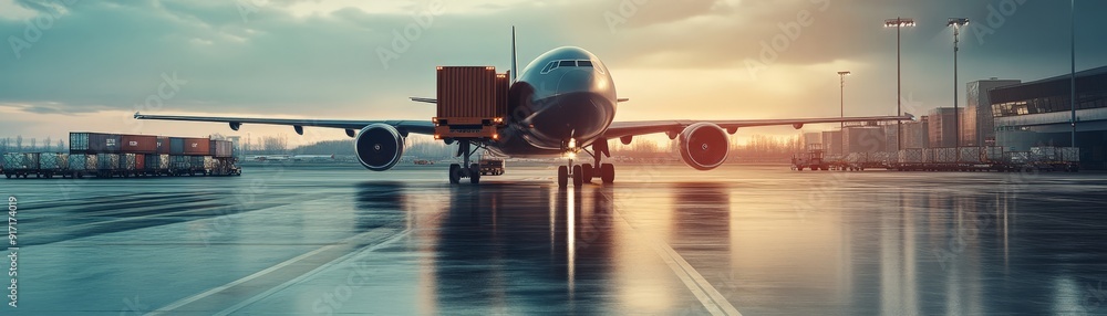 Commercial airplane on wet runway at sunset, preparing for departure. Industrial modern transportation concept at an airport terminal. Commercial airplane on wet runway at sunset, preparing for departure. Industrial modern transportation concept at an airport terminal.