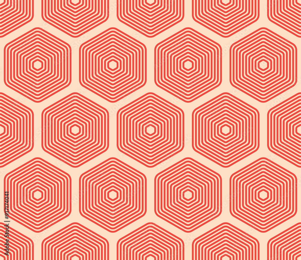 Fototapeta premium Abstract vector background. Red color on matching background. Rounded stacked hexagons mosaic pattern. Large hexagons. Seamless pattern. Tileable vector illustration.