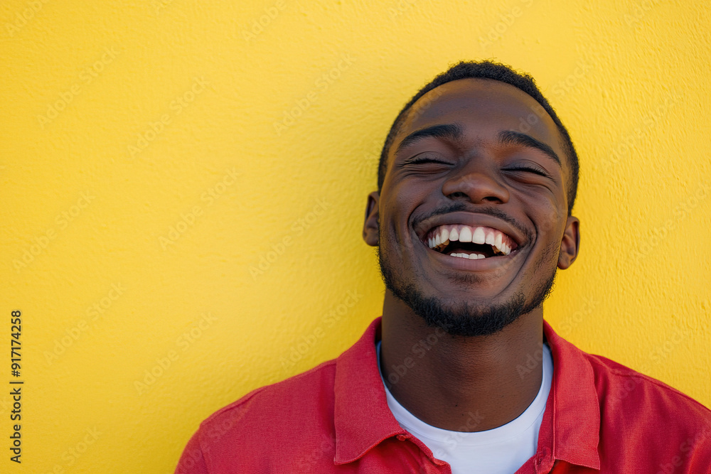 Sunlit and Smiling Black Man in Red Shirt with White T-Shirt, High-Resolution Headshot Portrait with Clean Focus and Yellow Wall Background Sunlit and Smiling Black Man in Red Shirt with White T-Shirt, High-Resolution Headshot Portrait with Clean Focus and Yellow Wall Background