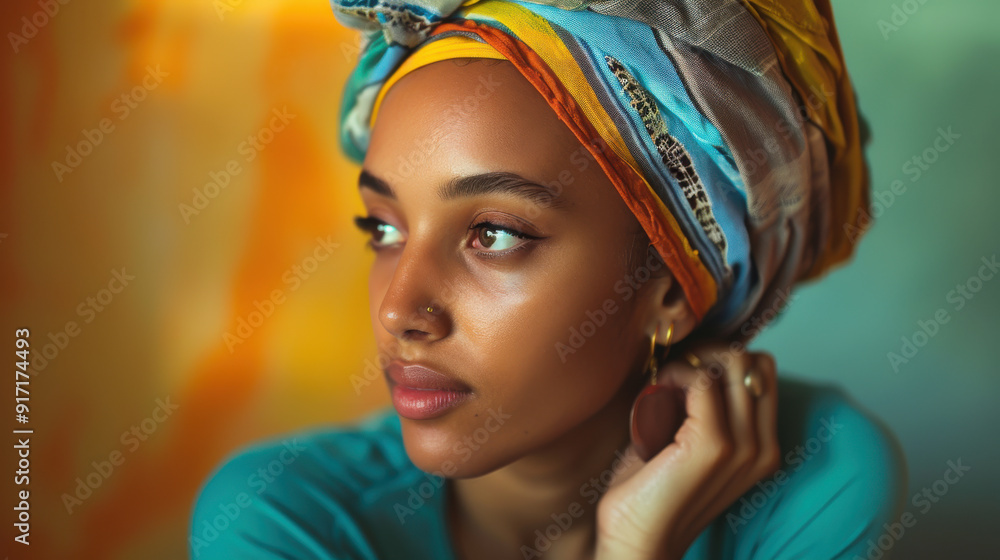 Naklejka premium Hyperrealistic young woman with a headscarf, seated, light background, studio photography, Canon R6 Mark II, 50mm lens, vibrant side lighting, raw style, lifelike