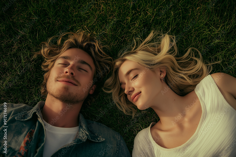Two people lying on green grass with their heads close, eyes closed, smiling softly, conveying relaxation and peacefulness in a natural setting. Two people lying on green grass with their heads close, eyes closed, smiling softly, conveying relaxation and peacefulness in a natural setting.