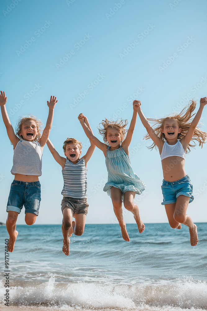 Four joyful children jumping in the air at the beach, holding hands, celebrating friendship and freedom under a clear blue sky. Four joyful children jumping in the air at the beach, holding hands, celebrating friendship and freedom under a clear blue sky.