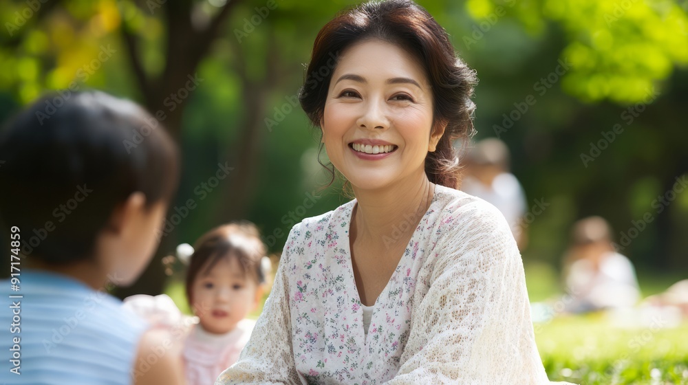 Cheerful woman shares laughter and love with children at a sunny picnic Cheerful woman shares laughter and love with children at a sunny picnic