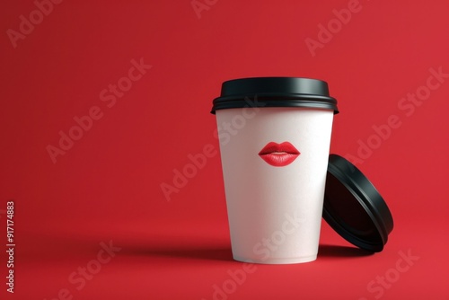 A white coffee cup with red lips graphic on a vibrant red background, suggesting a playful and modern concept related to beverages and romance photo