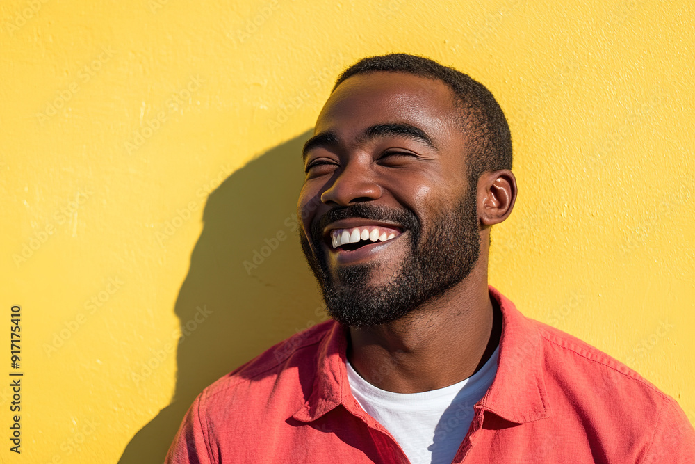 Close-Up Portrait of a Happy Black Man Laughing, Sunlight on His Face, Wearing a Red Shirt Over a White T-Shirt, with Yellow Wall Background Close-Up Portrait of a Happy Black Man Laughing, Sunlight on His Face, Wearing a Red Shirt Over a White T-Shirt, with Yellow Wall Background