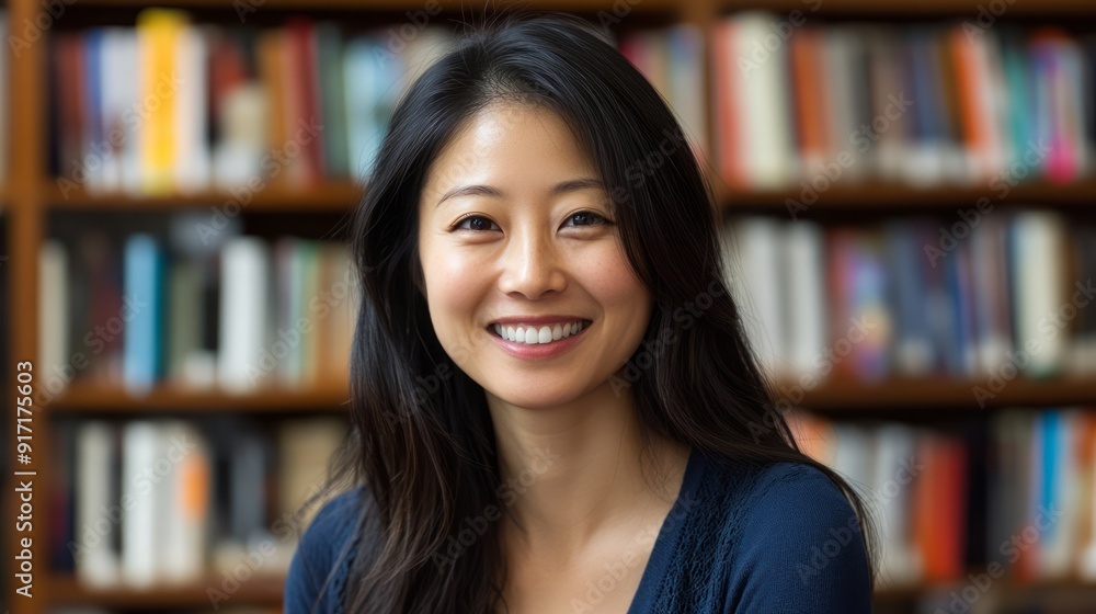 A happy woman smiles brightly while surrounded by shelves of books A happy woman smiles brightly while surrounded by shelves of books