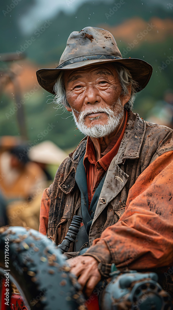 Old Japanese farmer using a Yanmar rice transplanter in the fields near Kyoto Japan illustrating technological advancements in rice cultivation Old Japanese farmer using a Yanmar rice transplanter in the fields near Kyoto Japan illustrating technological advancements in rice cultivation