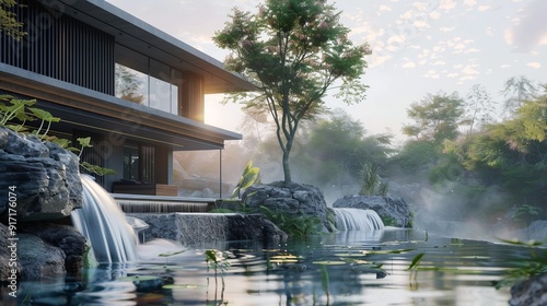 A serene modern house by a tranquil waterfall, surrounded by lush greenery and calm water, perfect for relaxation and nature lovers.