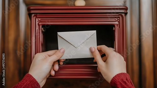 woman's hands inserting a letter into a mailbox, symbolizing communication, responsibility, and personal connection amidst the chaos of daily life photo