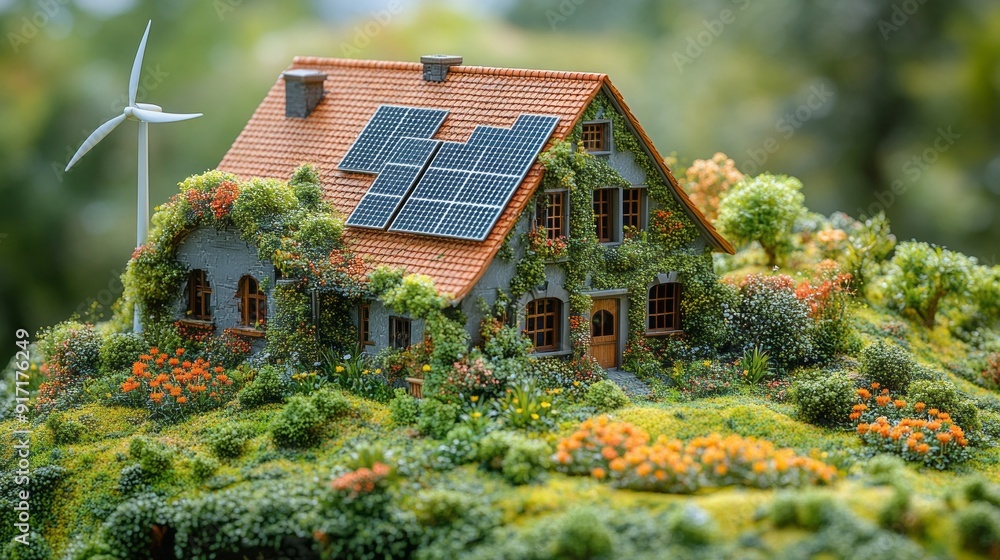 A small house with a wind turbine on top and a garden on the roof A small house with a wind turbine on top and a garden on the roof