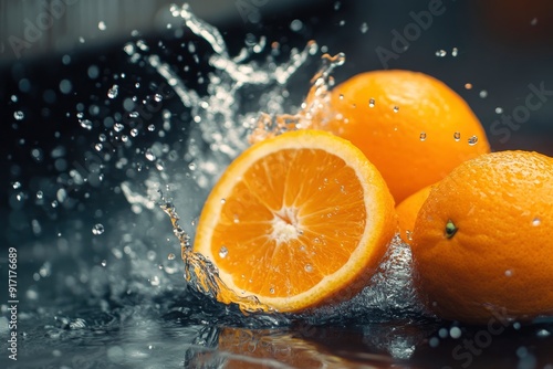 fresh oranges splashing in water, ai