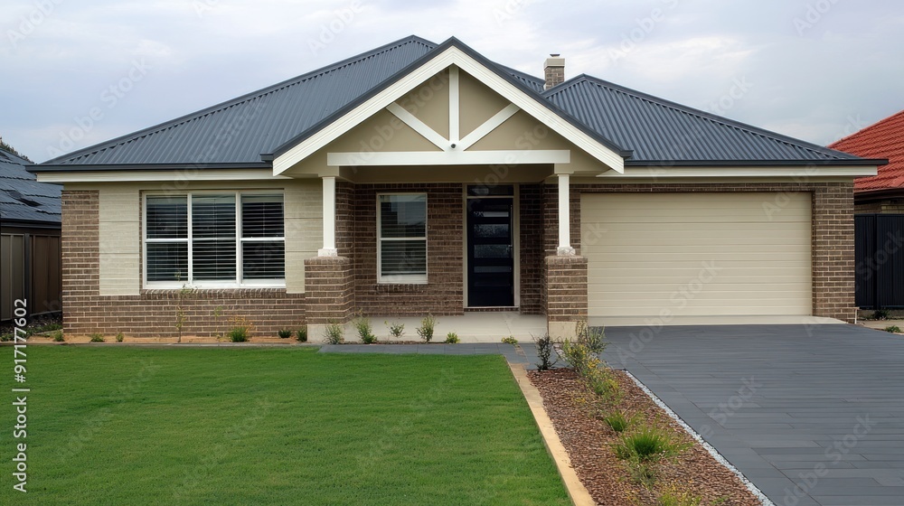 Modern brick house with a gray roof and a garage door. Modern brick house with a gray roof and a garage door.