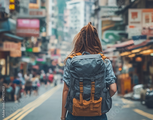 Behind of female tourist with a backpack standing at the street in a city.
