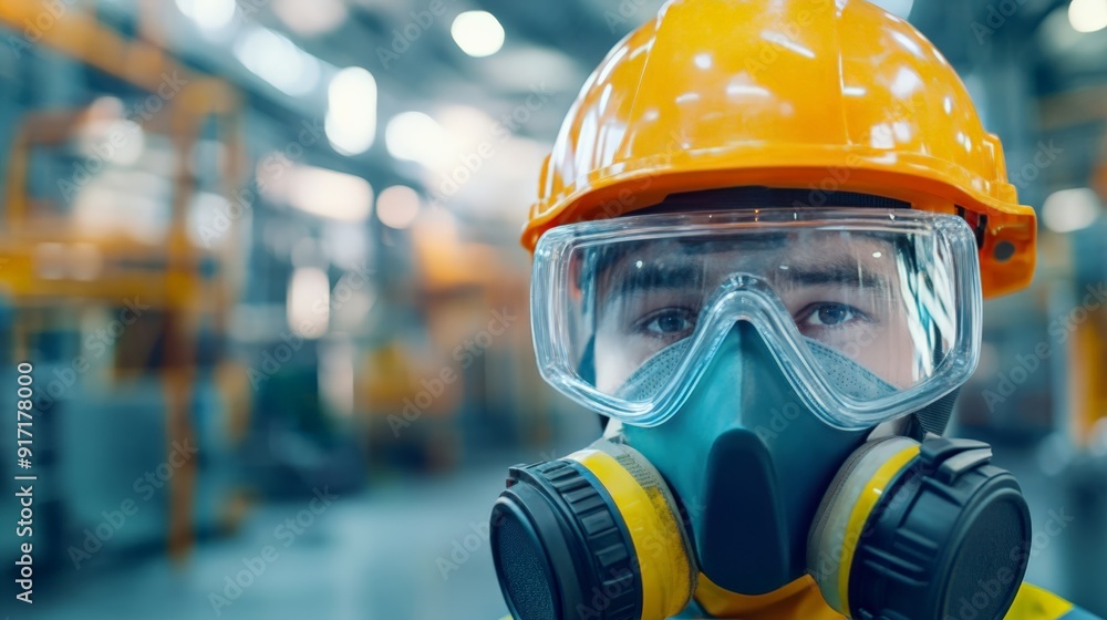Engineer wearing protective equipment including helmet, goggles, and respirator mask in industrial environment. Safety at work. Engineer wearing protective equipment including helmet, goggles, and respirator mask in industrial environment. Safety at work.