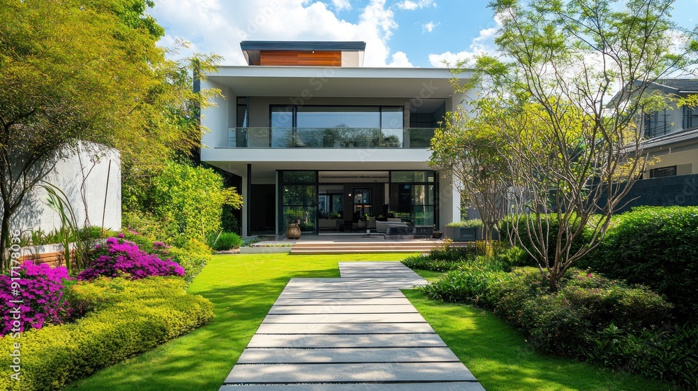 Obraz premium Modern house with a patio, a stone walkway, and a lush green lawn.