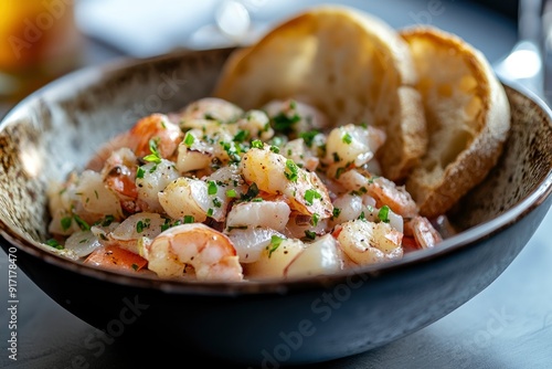 homemade seafood salat with bread in bowl, restaurant concept, ai