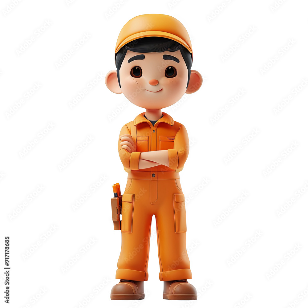Confident Cartoon Repairman in Orange Overalls with Tools 3D Render PNG Set Confident Cartoon Repairman in Orange Overalls with Tools 3D Render PNG Set