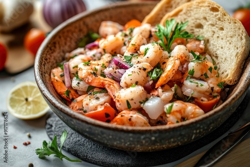 homemade seafood salat with bread in bowl, restaurant concept, ai