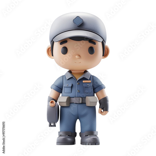 3D Render Cute Chibi Style Security Guard Character Illustration, Full Body Standing Pose, Transparent Background, PNG Set