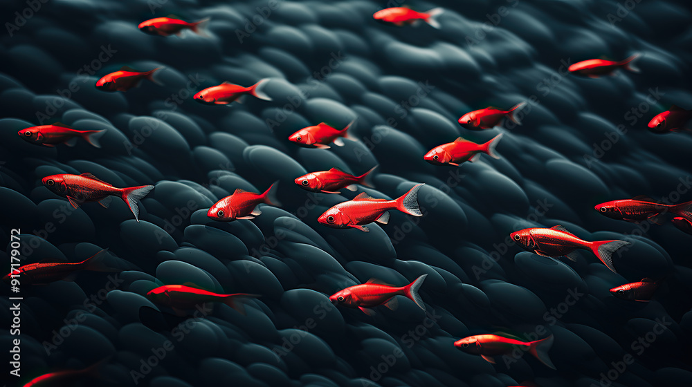 Fototapeta premium generated illustration of a school of bright red fish in the coral reef.