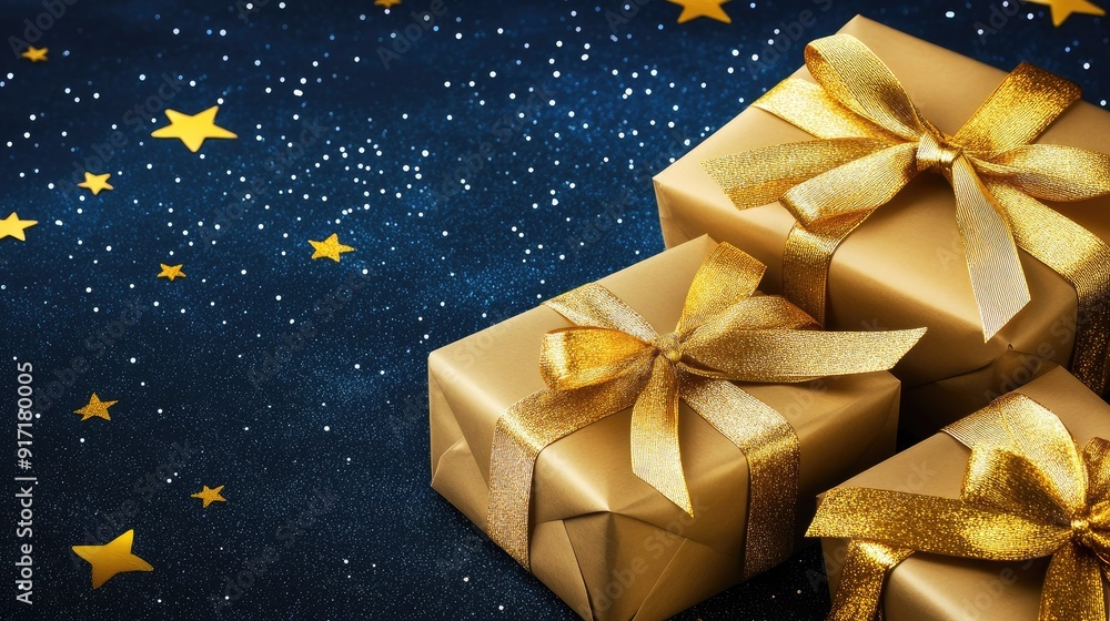 gifts with golden bows and ribbons placed on background near stars with copy space gifts with golden bows and ribbons placed on background near stars with copy space