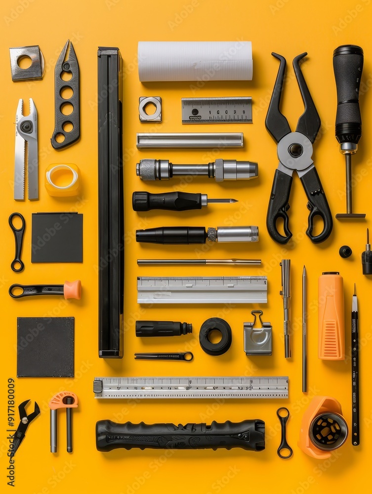Minimalistic flat lay of work equipment with ample copy space, showcasing neatly arranged tools and stationery on a clean background, ideal for worker-themed stock photos Minimalistic flat lay of work equipment with ample copy space, showcasing neatly arranged tools and stationery on a clean background, ideal for worker-themed stock photos