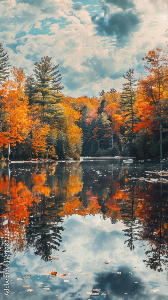Obraz premium Autumnal Reflections in a Tranquil Forest Lake.