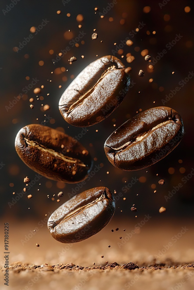 Coffee Beans Flying on Neutral Background Coffee Beans Flying on Neutral Background