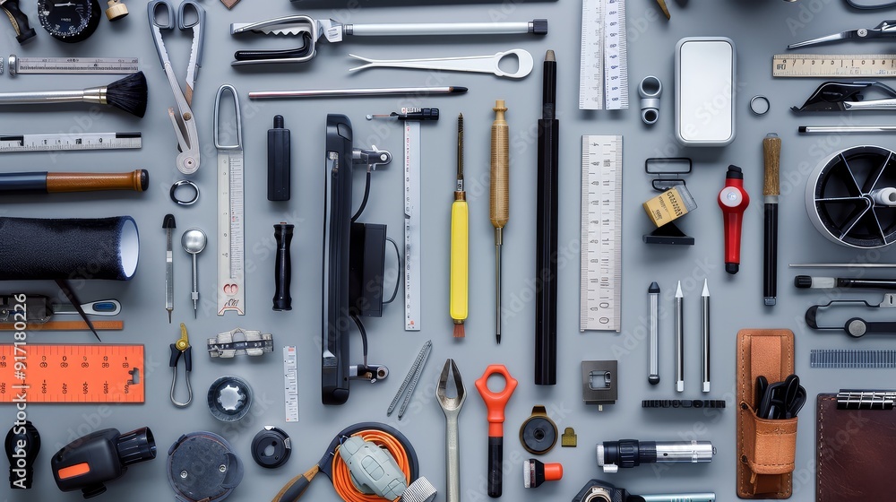 Fototapeta premium Minimal workspace flat lay featuring essential work equipment on a clean monochrome background, ample copy space, various objects representing different professions orderly arranged, perfect backdrop