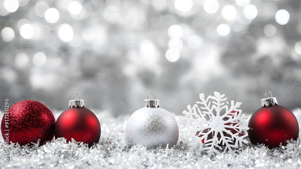 How about: Red Christmas balls on snow with festive decorations for a merry holiday season? How about: Red Christmas balls on snow with festive decorations for a merry holiday season?