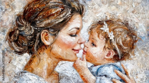 A mother holding her child and kissing the baby's forehead