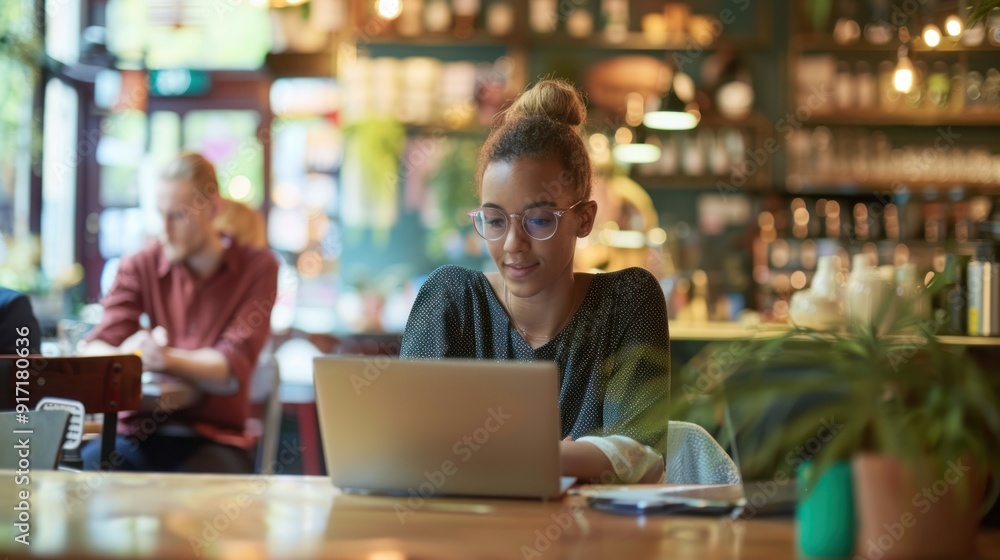 Couple working together on laptops in a coffee shop Couple working together on laptops in a coffee shop