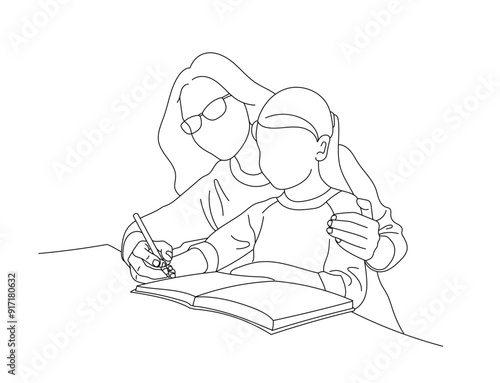 An lines illustration of A Mother teaches a daughter to read or write in the book. Studying with a parent