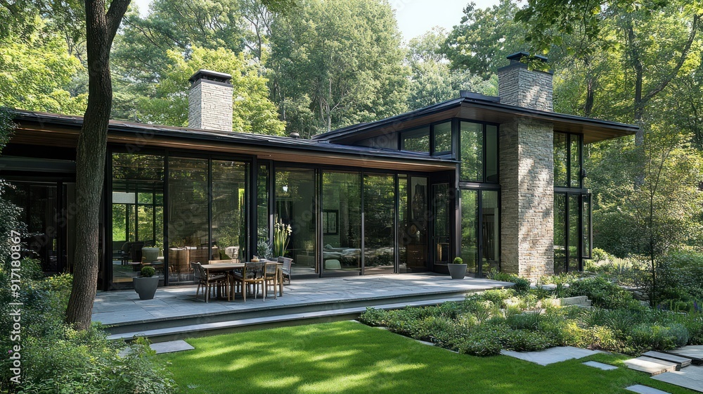 Modern home with large windows and a patio overlooking a lush green lawn. Modern home with large windows and a patio overlooking a lush green lawn.