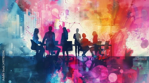 business development Watercolor Graphic illustration vibrant professionals collaborating strategy planning diverse team colorful abstract background dynamic meeting modern office tools charts and grap