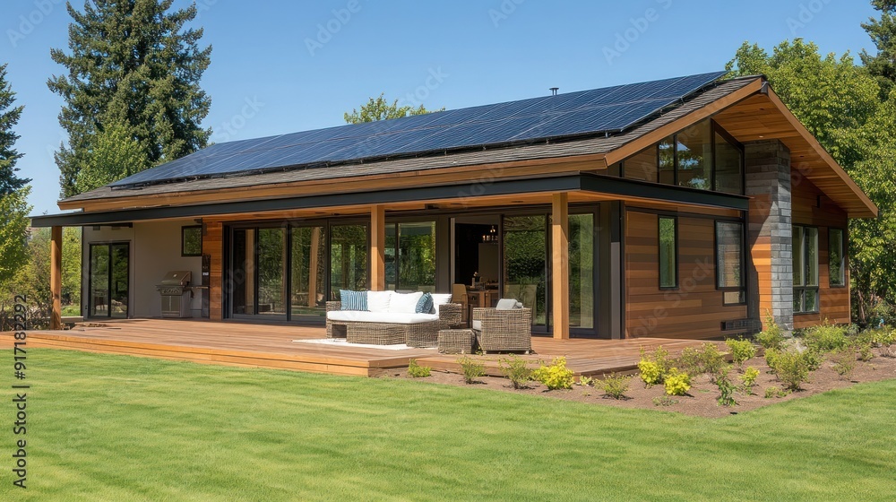 Modern house with solar panels on the roof, a large deck with a seating area, and a green lawn. Modern house with solar panels on the roof, a large deck with a seating area, and a green lawn.