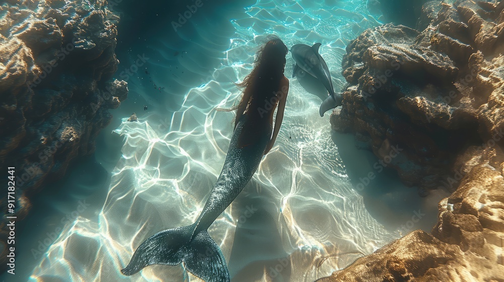 Naklejka premium A mermaid swims with a dolphin in a rocky cove