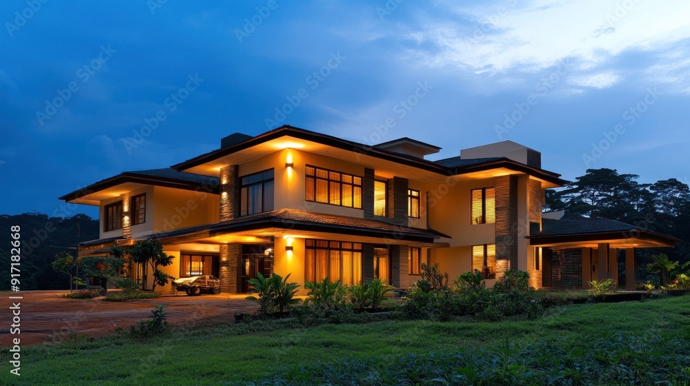A modern, luxurious home with a beautiful night sky. A modern, luxurious home with a beautiful night sky.
