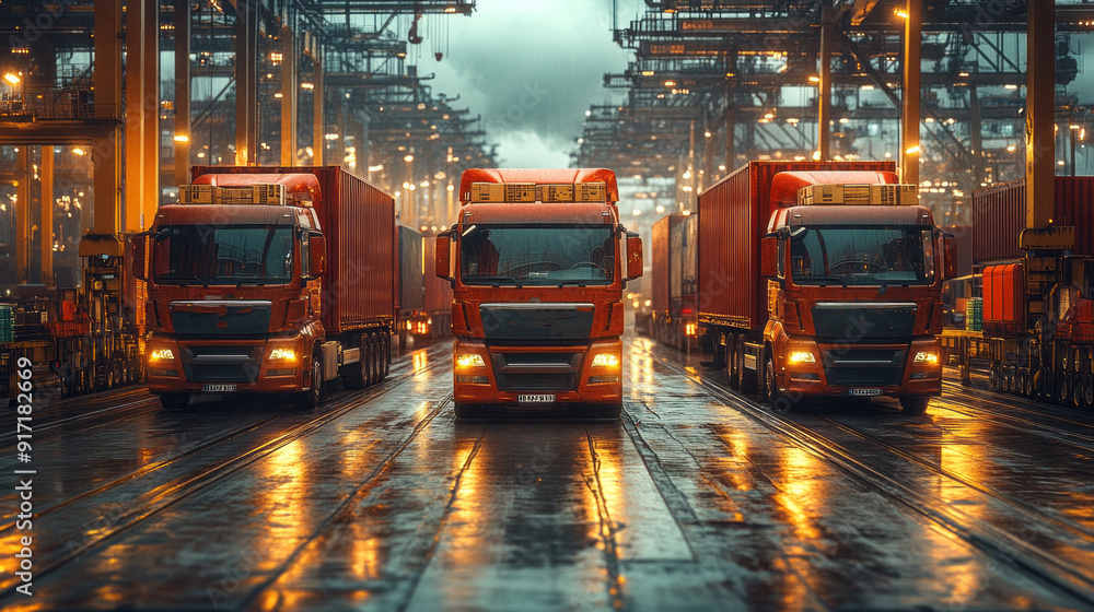 Three red semi trucks are parked in a lot Three red semi trucks are parked in a lot