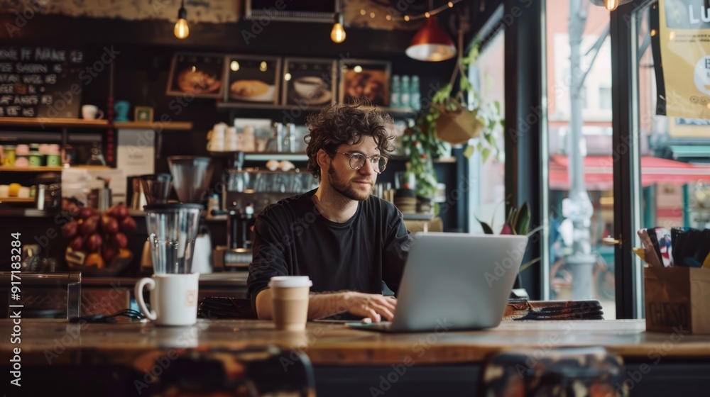 Freelancer focused on tasks with coffee beside them in a coffee shop Freelancer focused on tasks with coffee beside them in a coffee shop