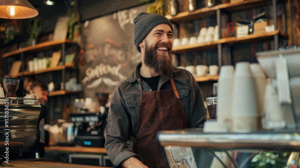 Obraz premium Barista greeting regular customers in a local coffee shop