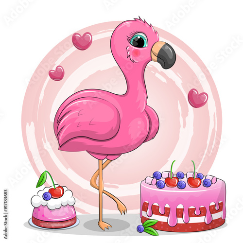 Cute cartoon flamingo with desserts. Vector illustration of a bird on a pink background.